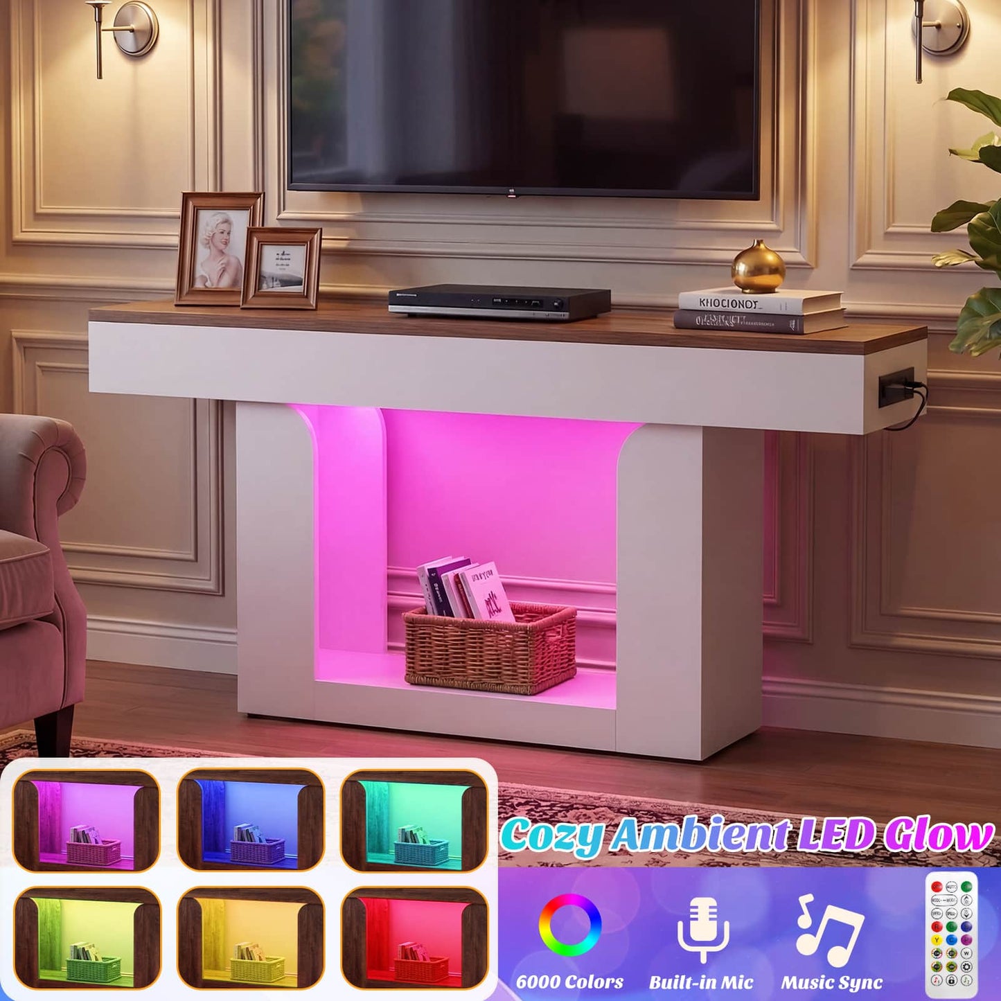 63" Farmhouse Console Table -LED Lights & Charging Station, Narrow Sofa Table for Entryway, Living Room, Foyer, Hallway, Behind Couch