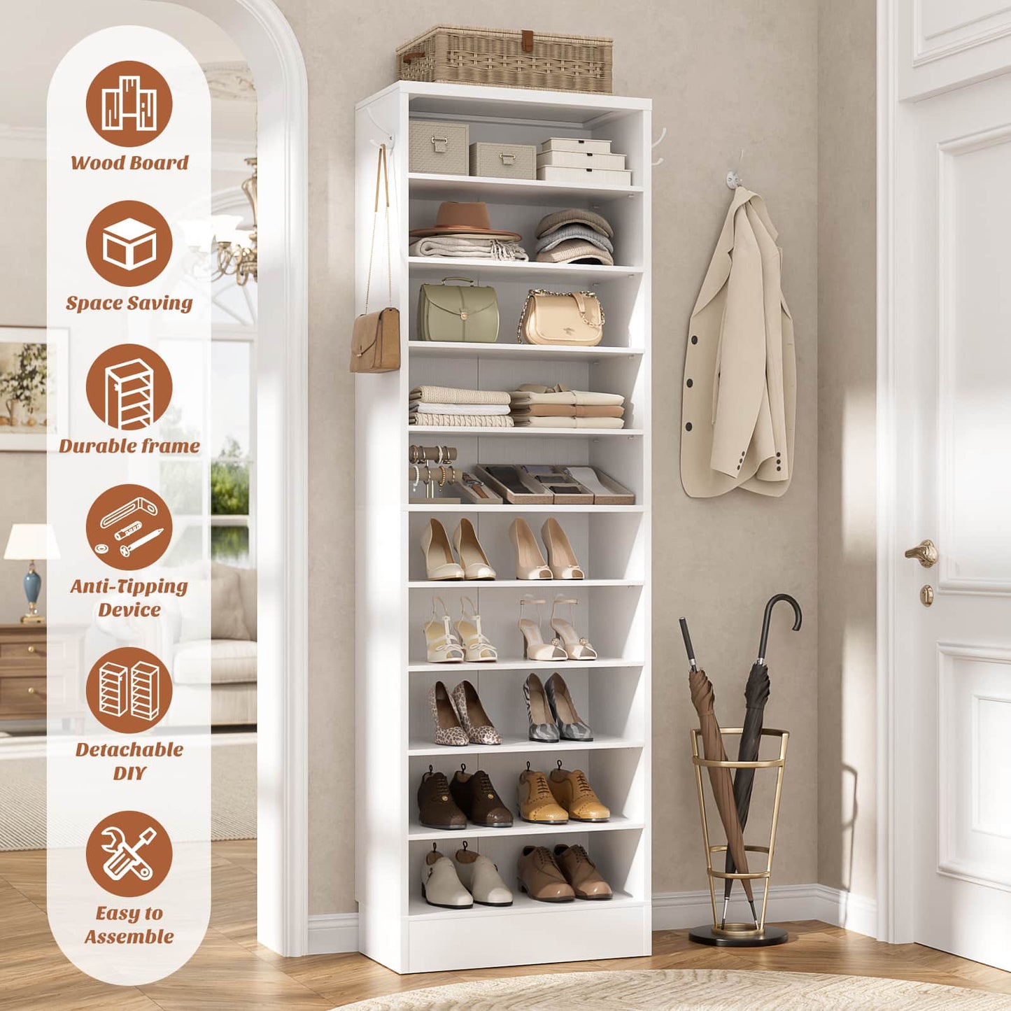 Tall Shoe Cabinet, 10 Tiers Narrow Wood Shoe Rack