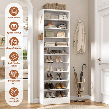 Tall Shoe Cabinet, 10 Tiers Narrow Wood Shoe Rack