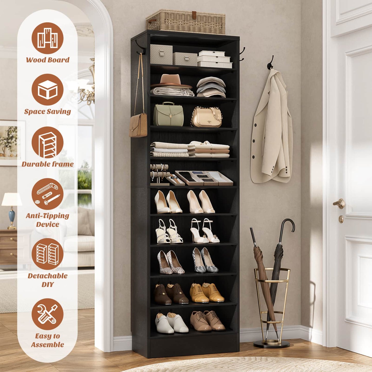 Tall Shoe Cabinet, 10 Tiers Narrow Wood Shoe Rack
