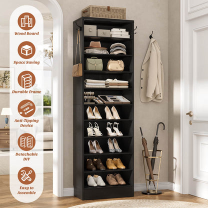 Tall Shoe Cabinet, 10 Tiers Narrow Wood Shoe Rack