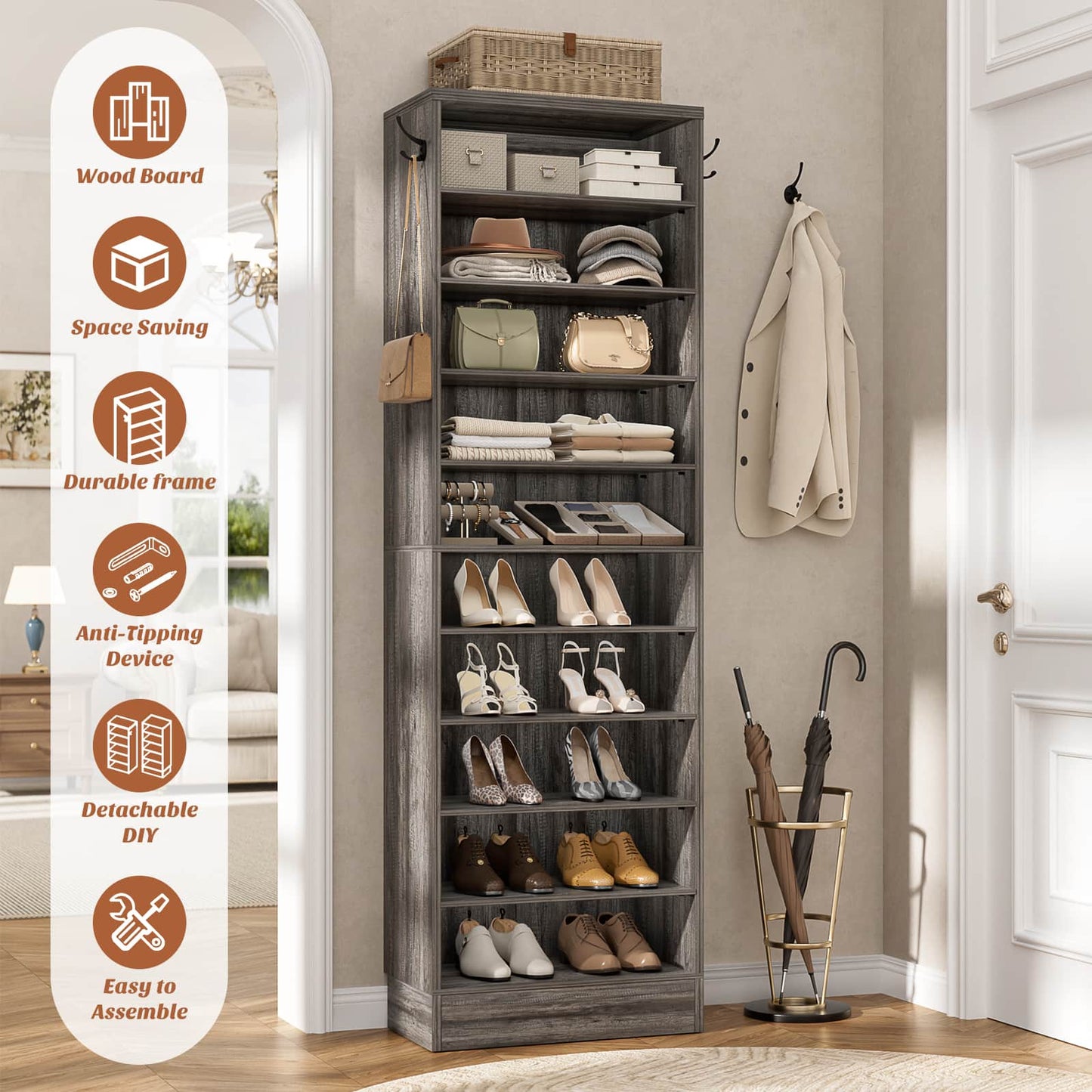 Tall Shoe Cabinet, 10 Tiers Narrow Wood Shoe Rack