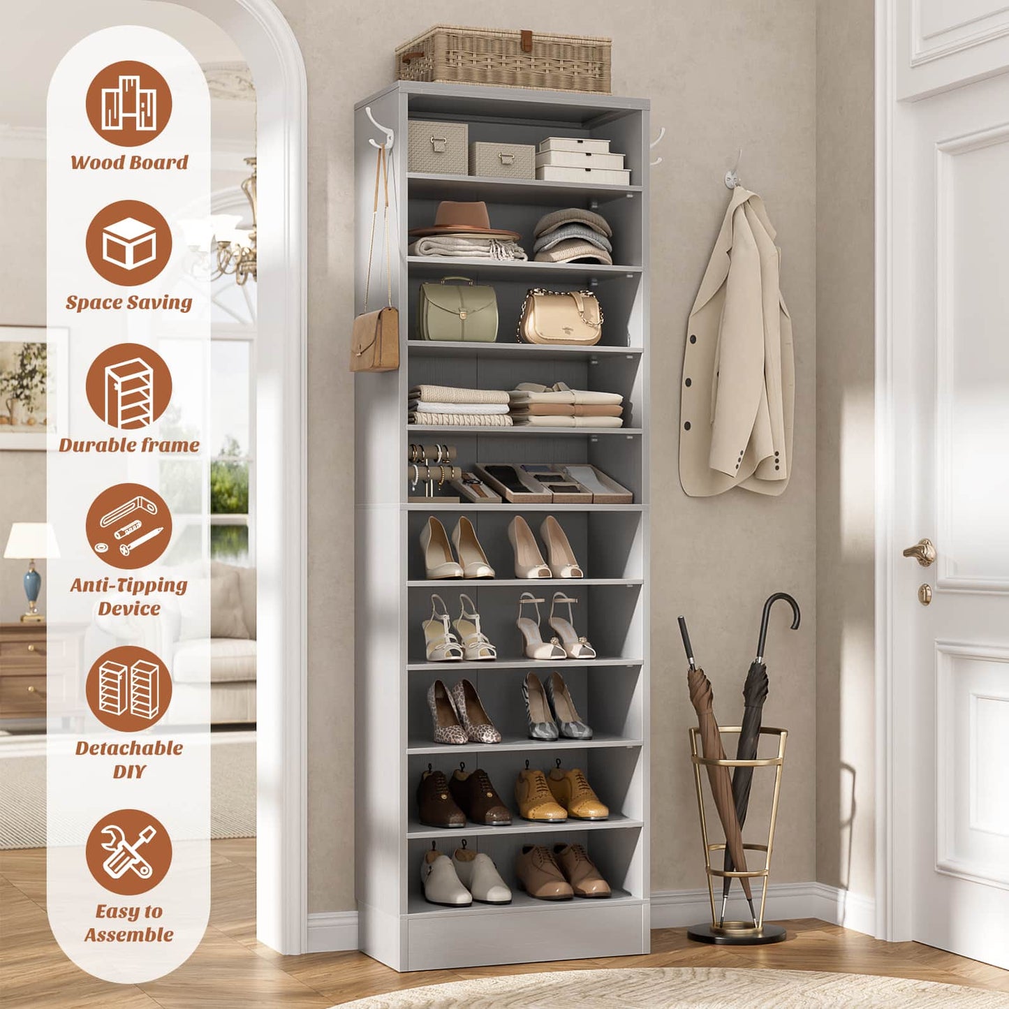 Tall Shoe Cabinet, 10 Tiers Narrow Wood Shoe Rack