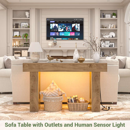 47" Console Table with Socket & Sensor Light, Narrow Entryway Table with Storage for Hallway/Living Room, Farmhouse Style