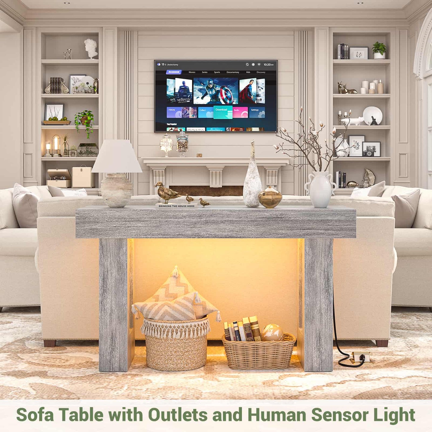 47" Console Table with Socket & Sensor Light, Narrow Entryway Table with Storage for Hallway/Living Room, Farmhouse Style
