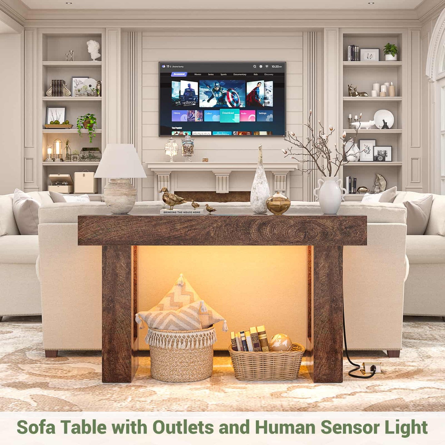 47" Console Table with Socket & Sensor Light, Narrow Entryway Table with Storage for Hallway/Living Room, Farmhouse Style