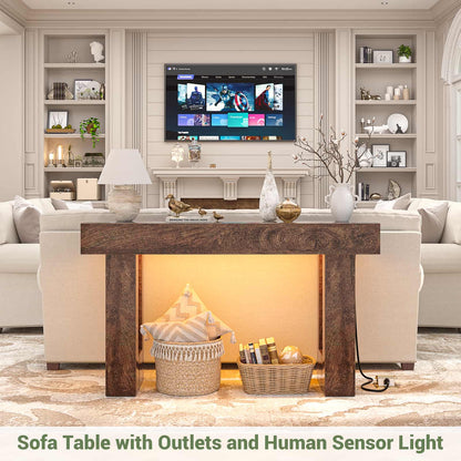 47" Console Table with Socket & Sensor Light, Narrow Entryway Table with Storage for Hallway/Living Room, Farmhouse Style