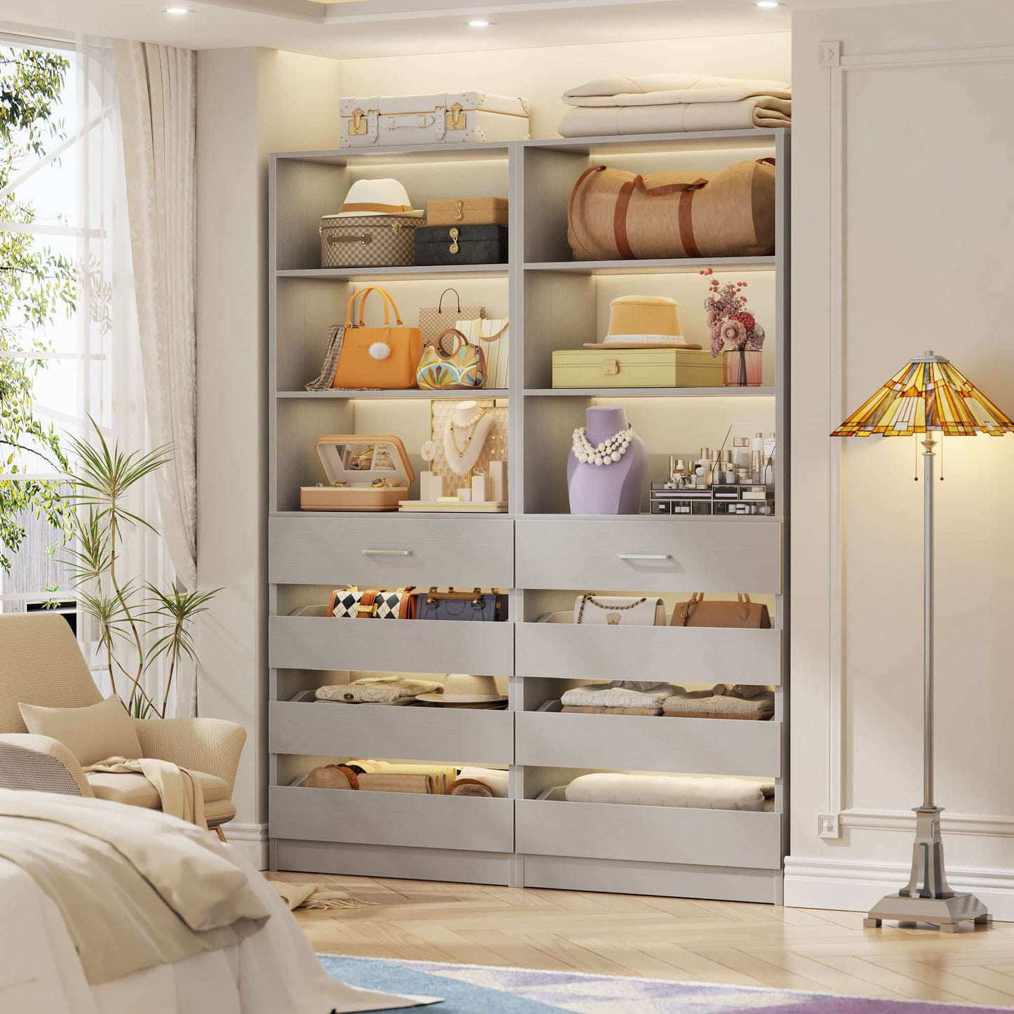 2-Pack Space-Saving Modular Armoire Wardrobe Closet System with 8 Drawers & Adjustable Shelves
