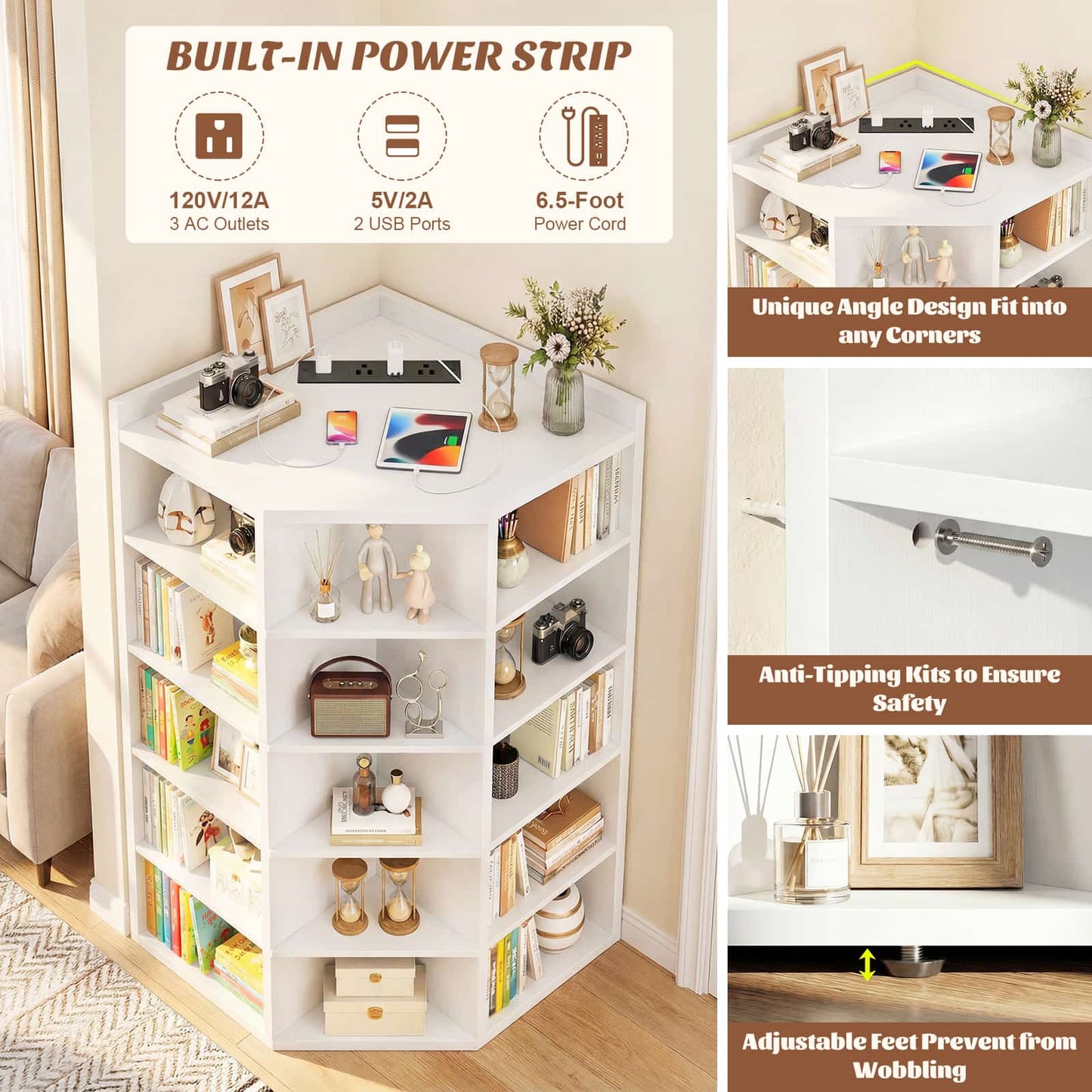 6-Tier Corner Cabinet with Power Outlets & 15 Cubes - Wooden L-Shaped Bookshelf, Toy Storage for Home Office, Bedroom, Living Room