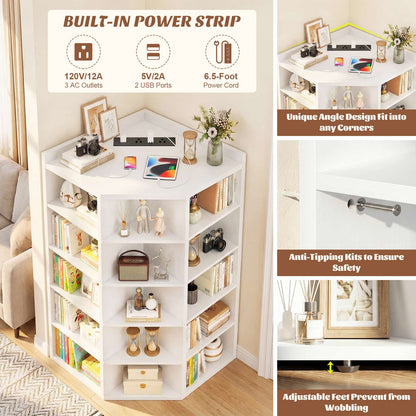 6-Tier Corner Cabinet with Power Outlets & 15 Cubes - Wooden L-Shaped Bookshelf, Toy Storage for Home Office, Bedroom, Living Room