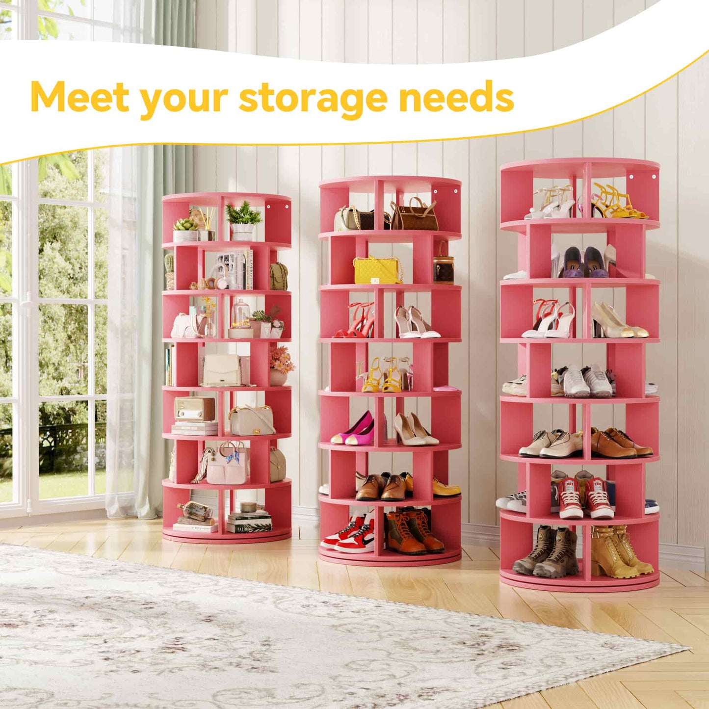7-Tier Spinning Shoe Rack Tower, 360 Revolving wooden Shoe Rack, 60'' for shoes ,bags, Display Lazy Susan ,Storage Carousel