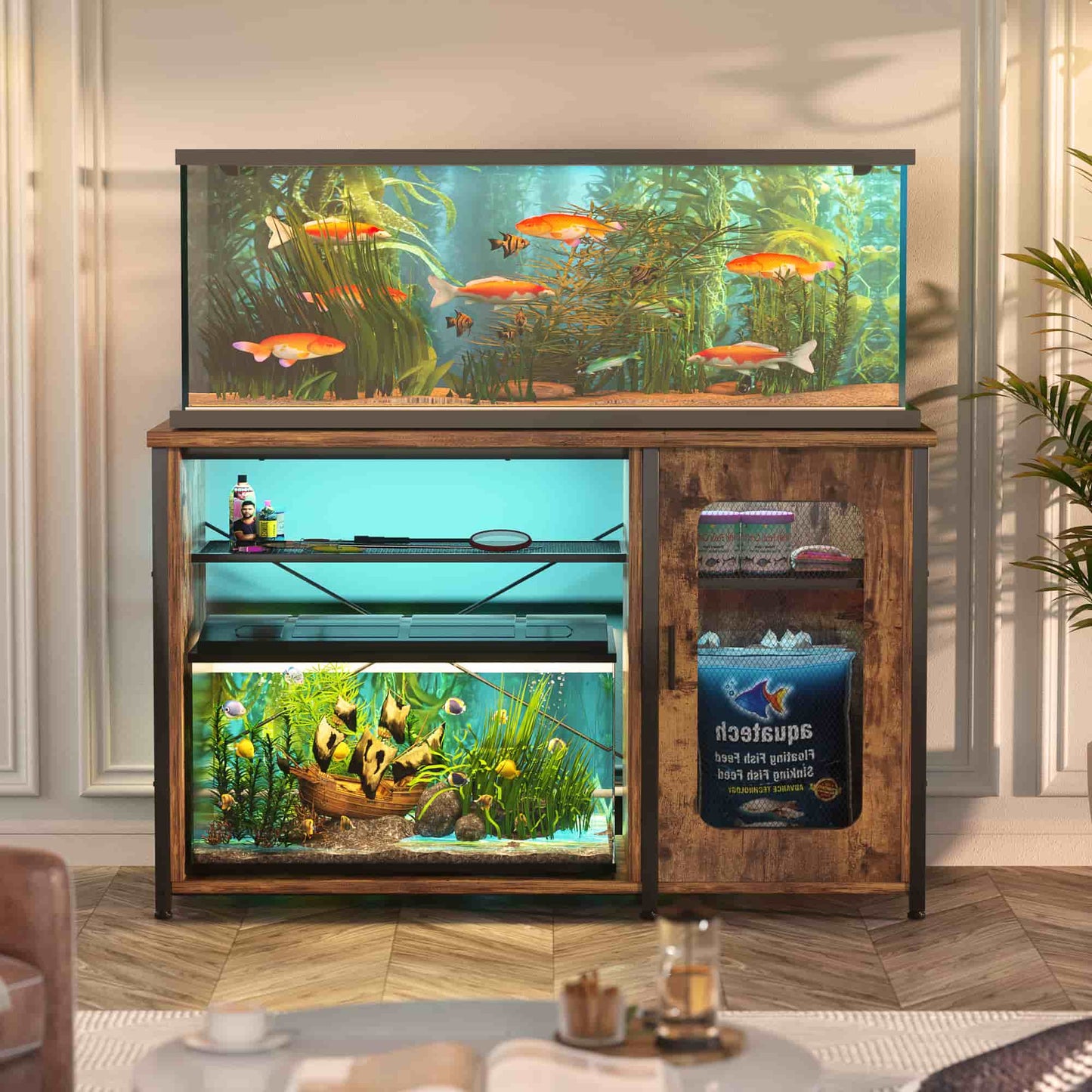 Heavy Duty 55-75 Gallon Aquarium Stand with Power Outlets, LED Light & Storage Cabinet - Reversible Metal Fish Tank Stand, 880LBS Capacity