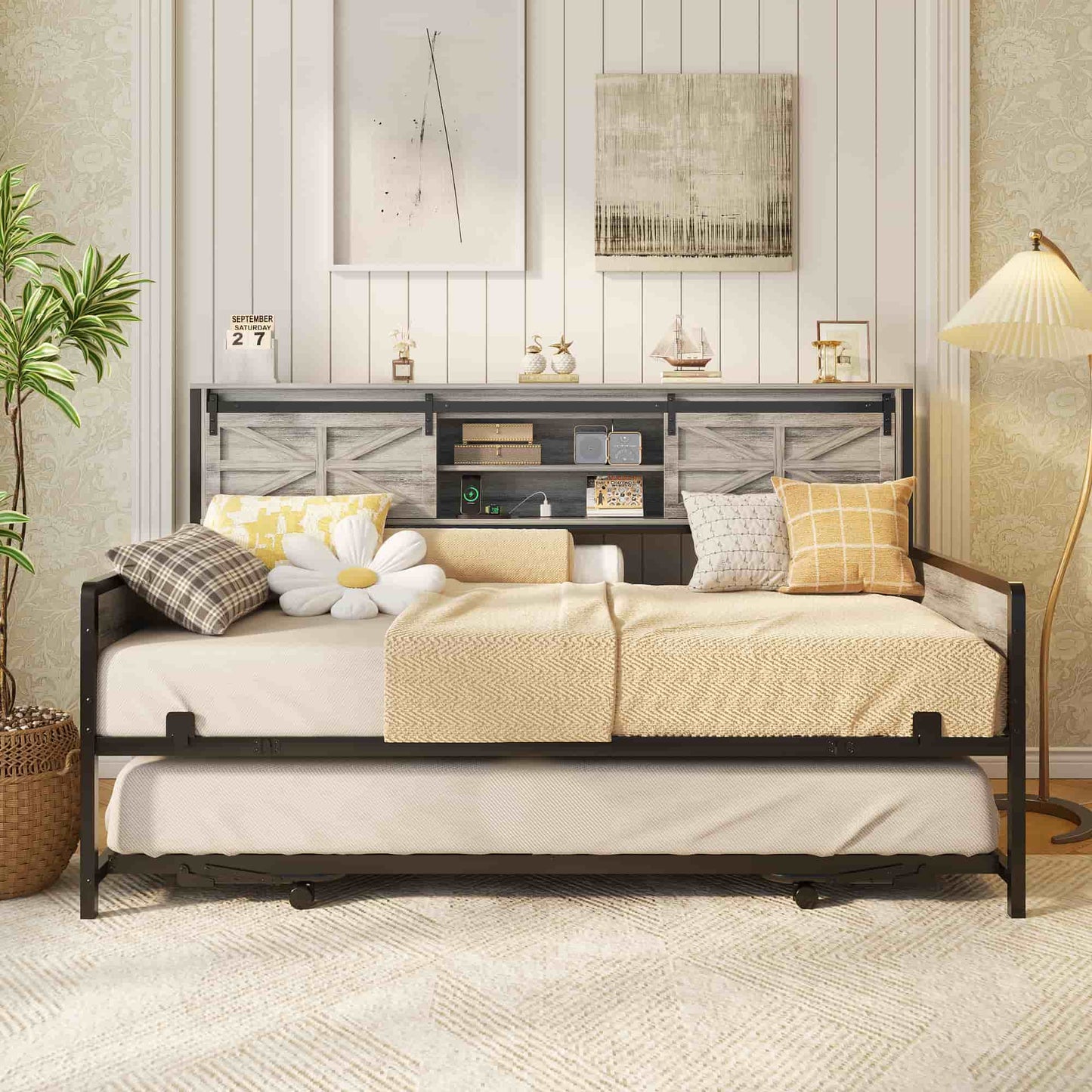 Twin Size Daybed with Trundle, Daybed with Charging Station & Storage Headboard, Heavy Duty Metal Sofa Bed Frame with Pop-up Trundle