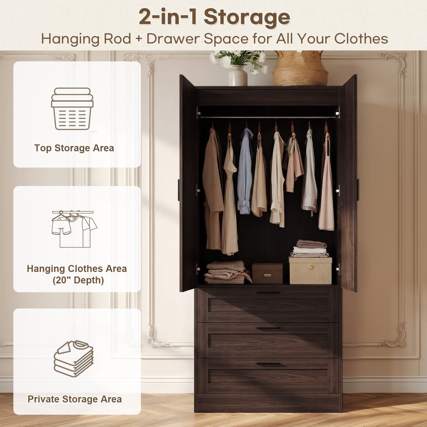 71" Tall Armoire Wardrobe Closet - 3 Drawers, Doors & Hanging Rod, Extra Deep 20" Bedroom Storage with Soft-Close Hinges