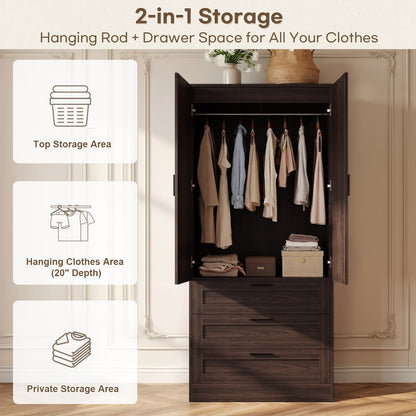 71" Tall Armoire Wardrobe Closet - 3 Drawers, Doors & Hanging Rod, Extra Deep 20" Bedroom Storage with Soft-Close Hinges