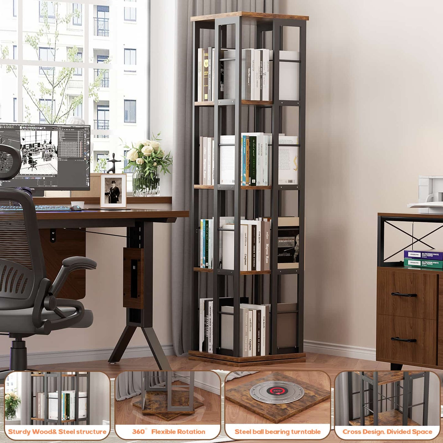 Rotating Bookshelf, Corner Bookshelf, 360 Display Wood Spinning Bookshelf