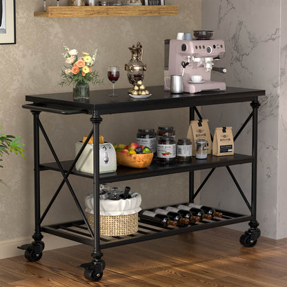 Industrial Mobile Kitchen Island Cart with Wheels: 3-Tier Storage, Lockable Casters for Kitchen, Dining & Small Spaces
