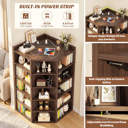 6-Tier Corner Cabinet with Power Outlets & 15 Cubes - Wooden L-Shaped Bookshelf, Toy Storage for Home Office, Bedroom, Living Room