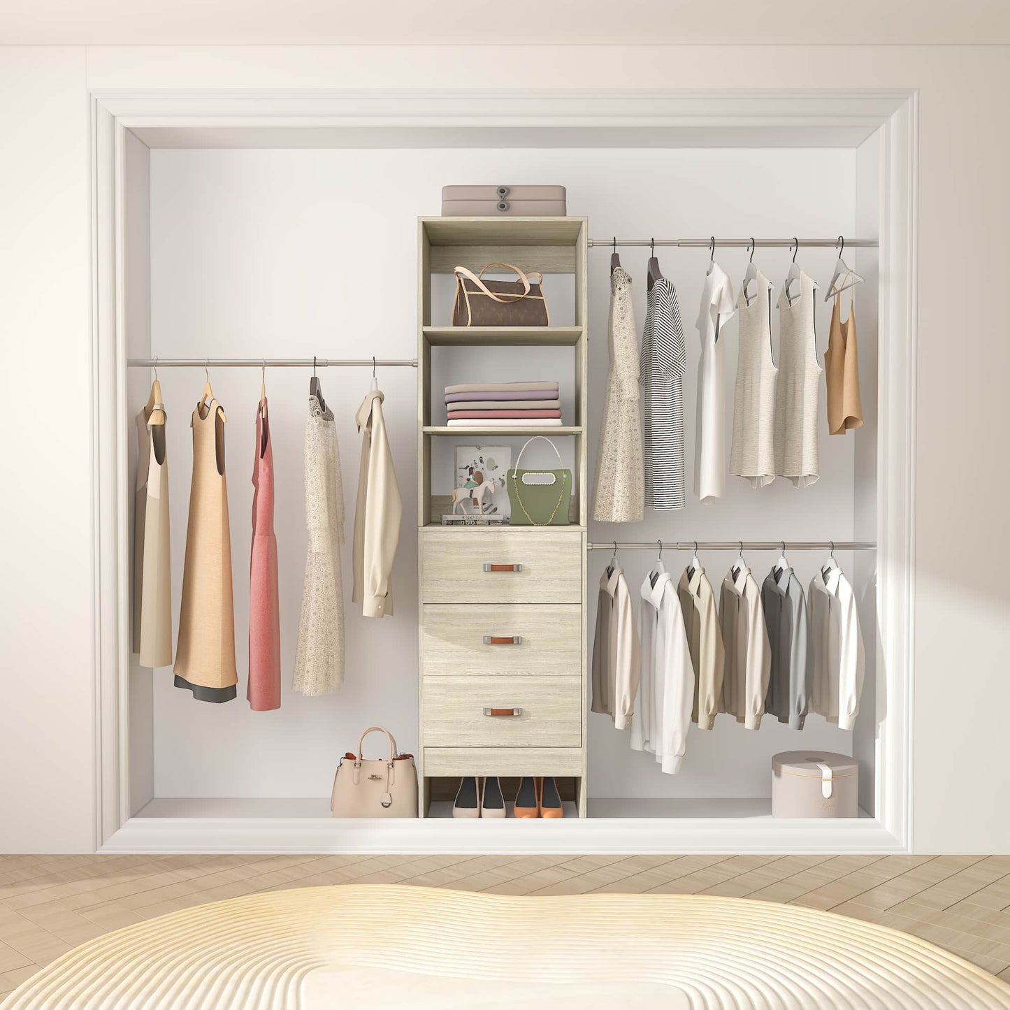 Adjustable 5-8FT Wall-Mounted Closet Organizer System with 3 Hanging Rods & 3 Wood Drawers