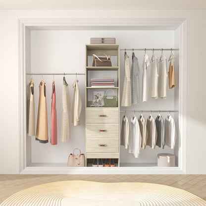 Adjustable 5-8FT Wall-Mounted Closet Organizer System with 3 Hanging Rods & 3 Wood Drawers