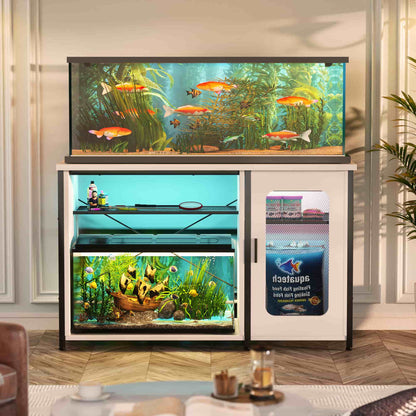 Heavy Duty 55-75 Gallon Aquarium Stand with Power Outlets, LED Light & Storage Cabinet - Reversible Metal Fish Tank Stand, 880LBS Capacity