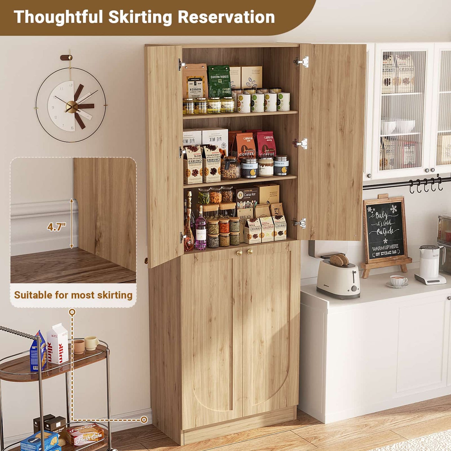 80" Kitchen Pantry, Extra Tall Arch Storage Cabinet with 4 Doors and Adjustable Shelves