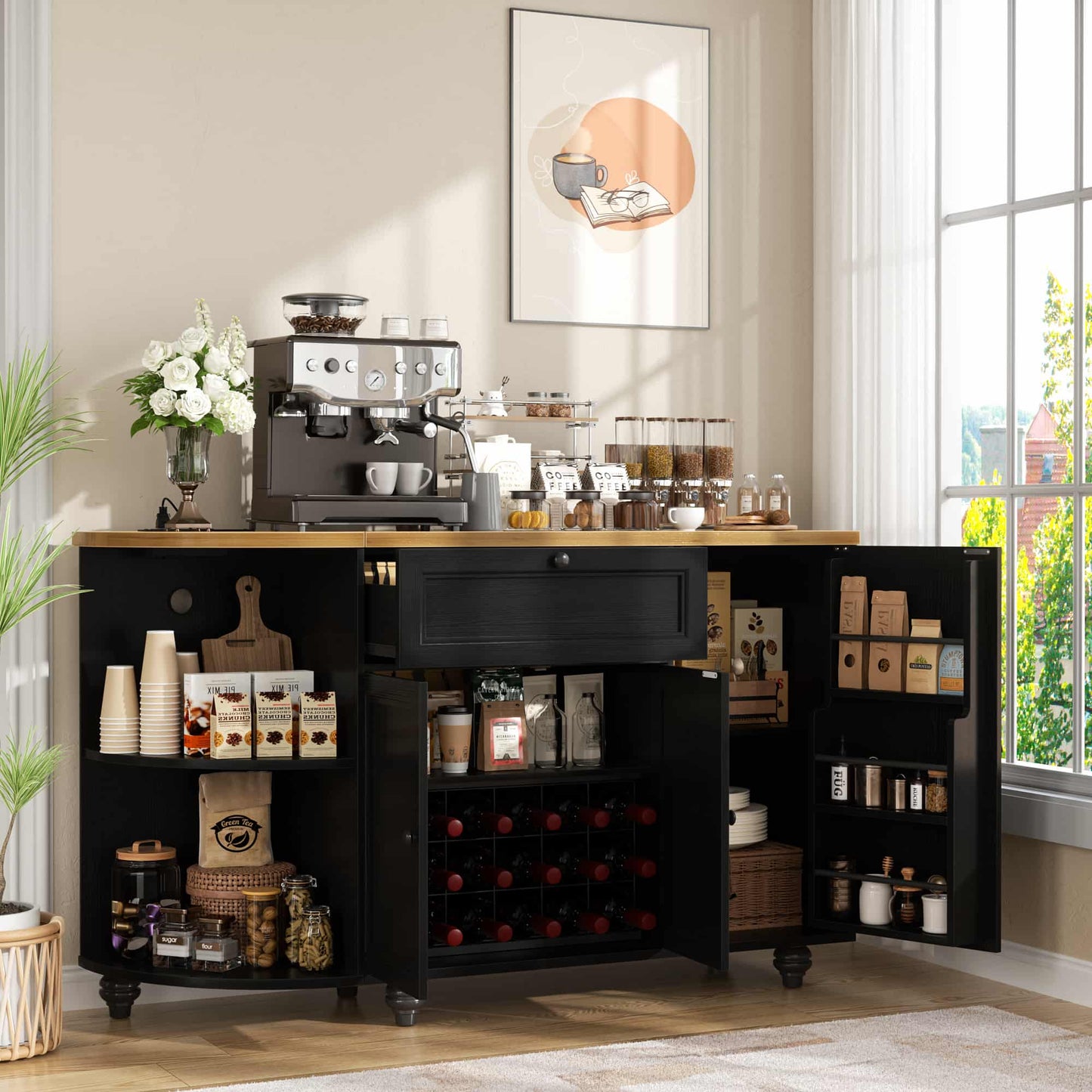 Kitchen Sideboard Cabinet Buffet Table with Power Outlets, 55"Coffee Bar Cabinet with Drawer, Wine Rack/Shelves