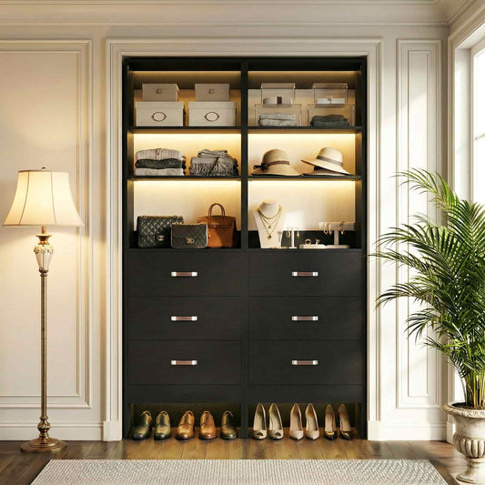 96" Closet System 2-Pack with 6 Hanging Rods & 6 Wooden Drawers - Adjustable Width (5-8FT Each)