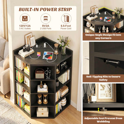 5-Tier Corner Cabinet with Power Outlets & 12 Storage Cubes - Wooden L-Shaped Bookshelf, Toy Organizer