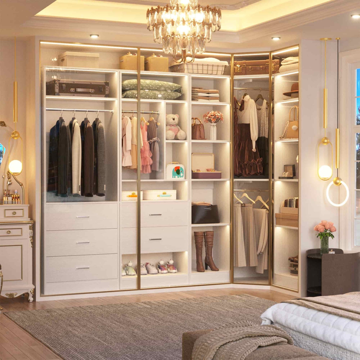 Freestanding Closet System with 3 Sets, 87.2" Closet Organizer System , Reversible L Shaped Walk-in Closets,