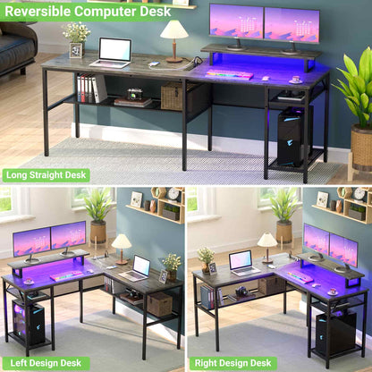 L Shaped Computer Desk with Magic Power Outlets and Smart LED Light