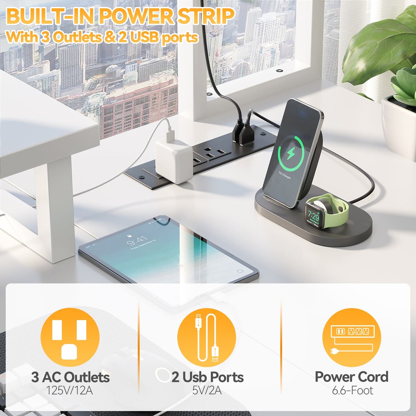L Shaped Computer Desk with Power Outlets & LED Lights
