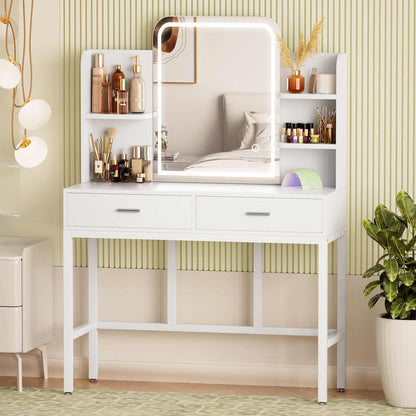 Vanity Desk with LED Lighted Mirror, Makeup Desk with 5 Storage Shelves & 2 Drawers, Vanity Table, Modern Dressing Table with 3 Color Lighting