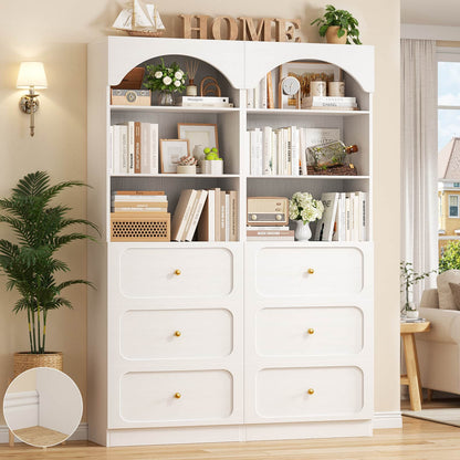 80" Arched Wooden Bookcase Set of 2: 6-Tier Open Shelves & 6 Drawers, Storage Organizer Cabinet