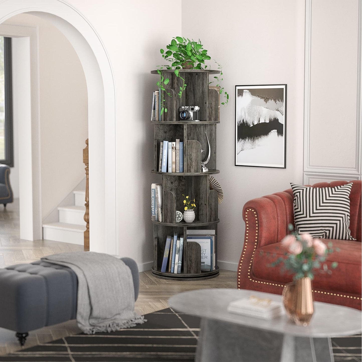 Rotating Bookshelf, 360 Display Corner Bookshelf for Small Space