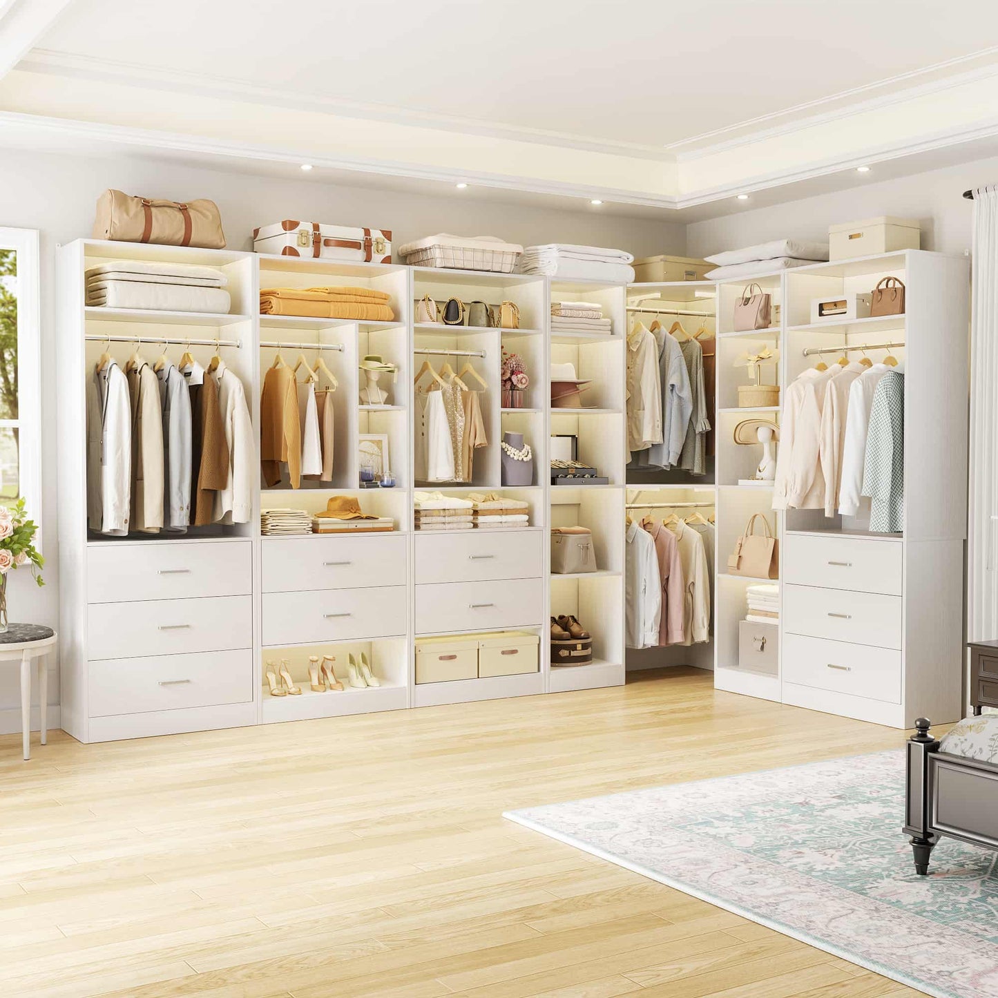 Complete Corner & Straight Closet Organizer Suite:1 Corner Shelf Unit + 4 Tower Systems ( 4-Drawer+ 6-Drawer Options)