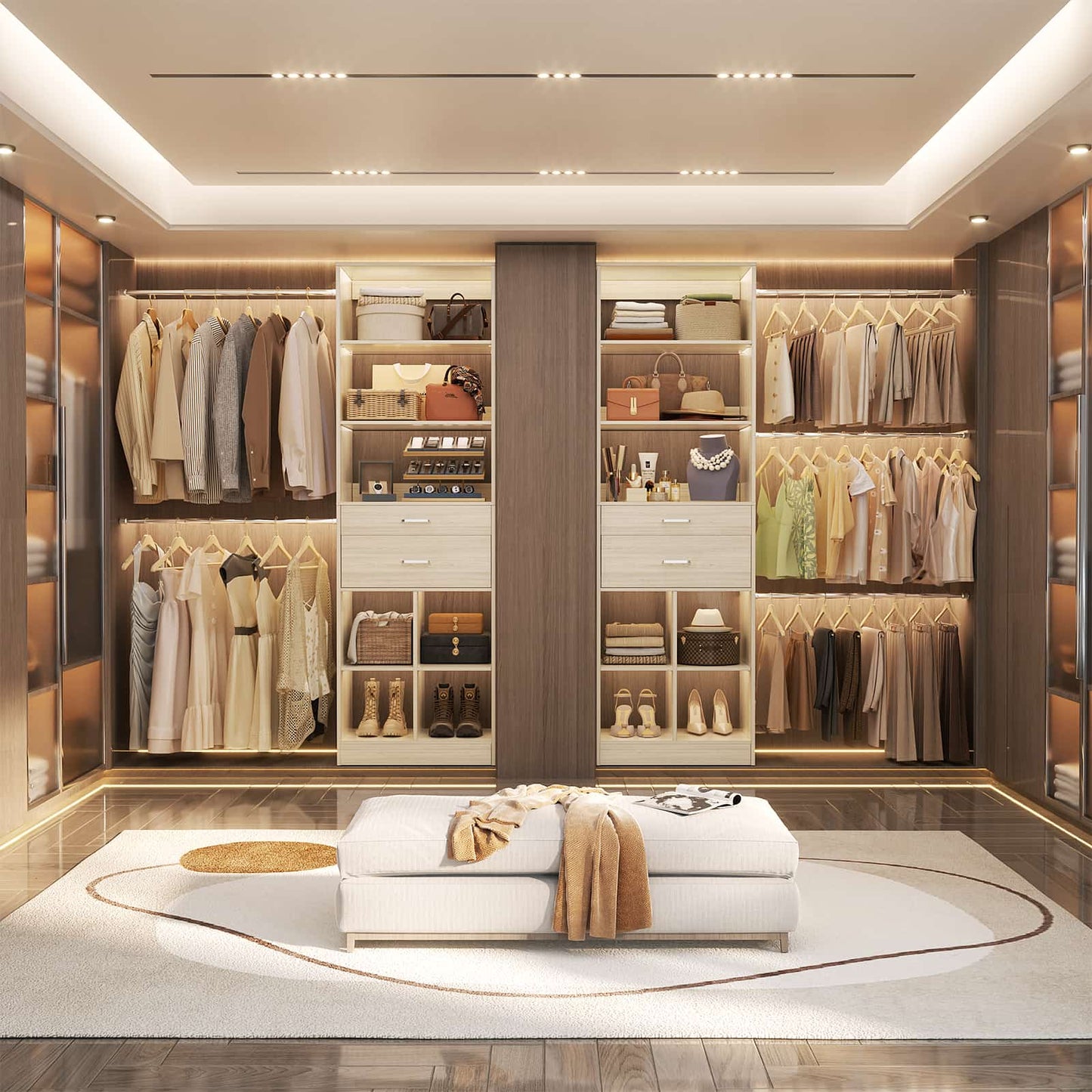 4-8 FT Walk-in Closet Organizer Tower, 2 Wooden Drawers + 5 Hang Rods, Built-in Shelves, Fit 60-96'' Closet Systems