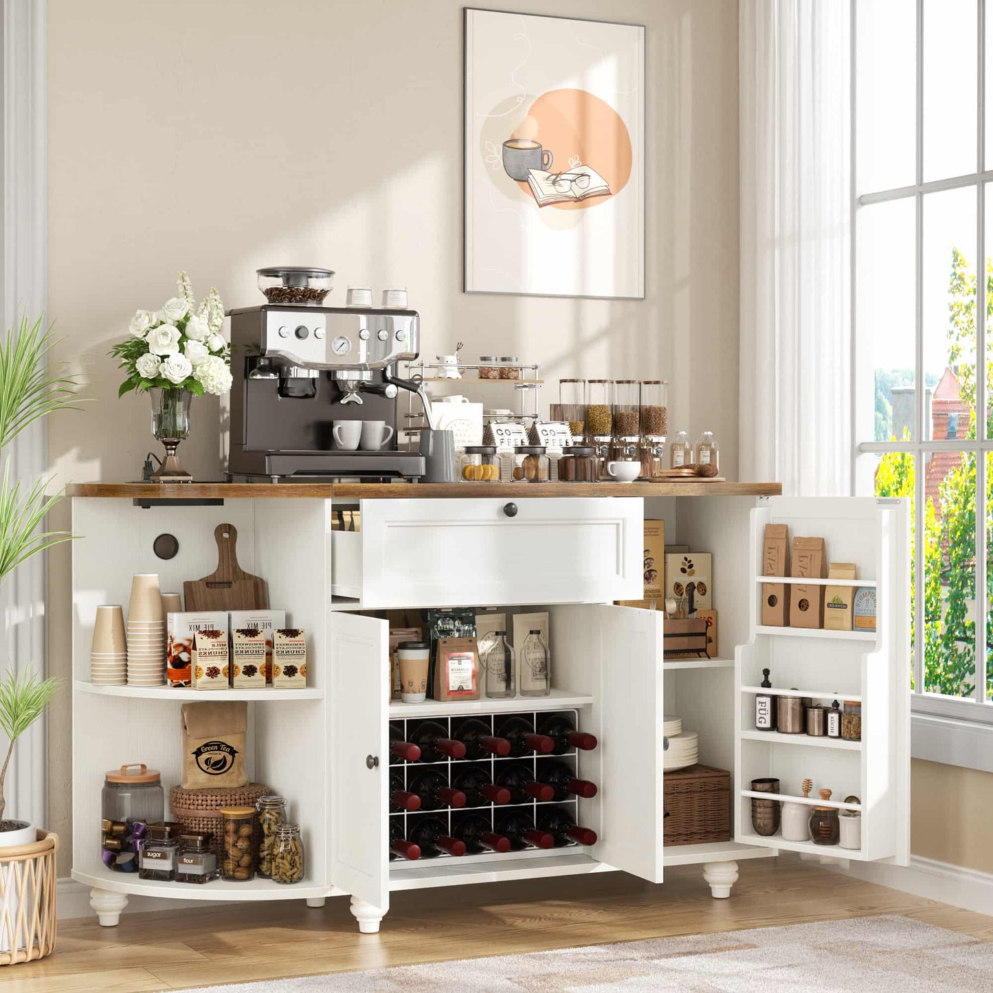 Kitchen Sideboard Cabinet Buffet Table with Power Outlets, 55"Coffee Bar Cabinet with Drawer, Wine Rack/Shelves