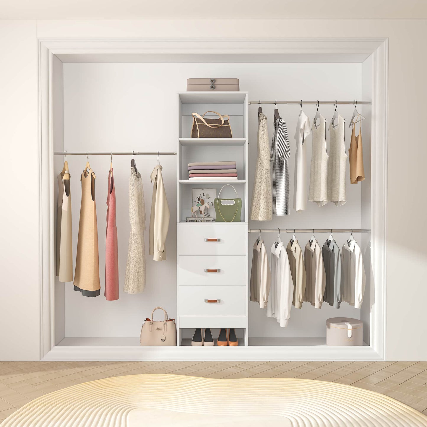 Adjustable 5-8FT Wall-Mounted Closet Organizer System with 3 Hanging Rods & 3 Wood Drawers