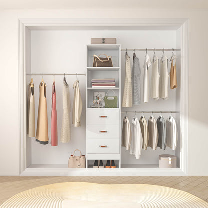Adjustable 5-8FT Wall-Mounted Closet Organizer System with 3 Hanging Rods & 3 Wood Drawers