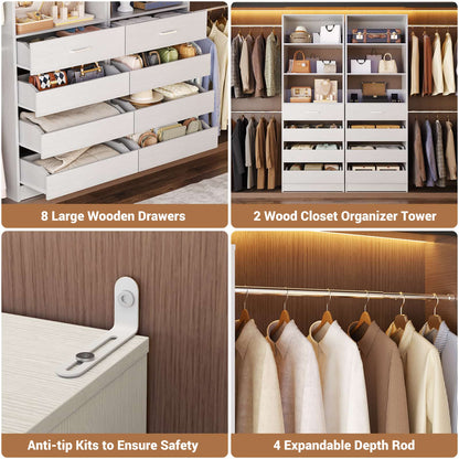 Adjustable Closet Organizer System (6-15Ft) with 8 Wooden Drawers & Modular Tower