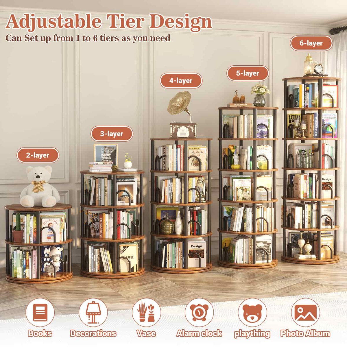 6 Tier Rotating Bookshelf Tower, Revolving Bookcase