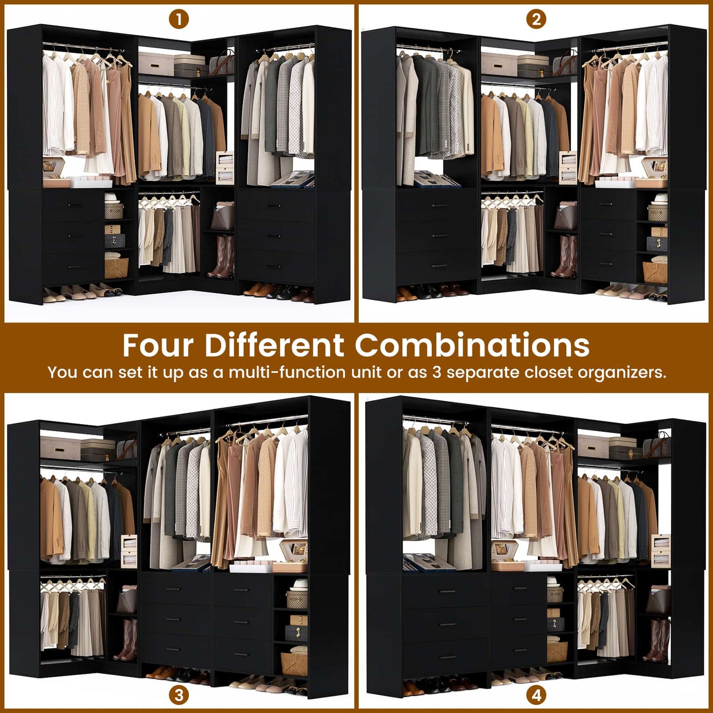 Closet System with 6 Drawers, 4 Hanging Rods & Corner Tower