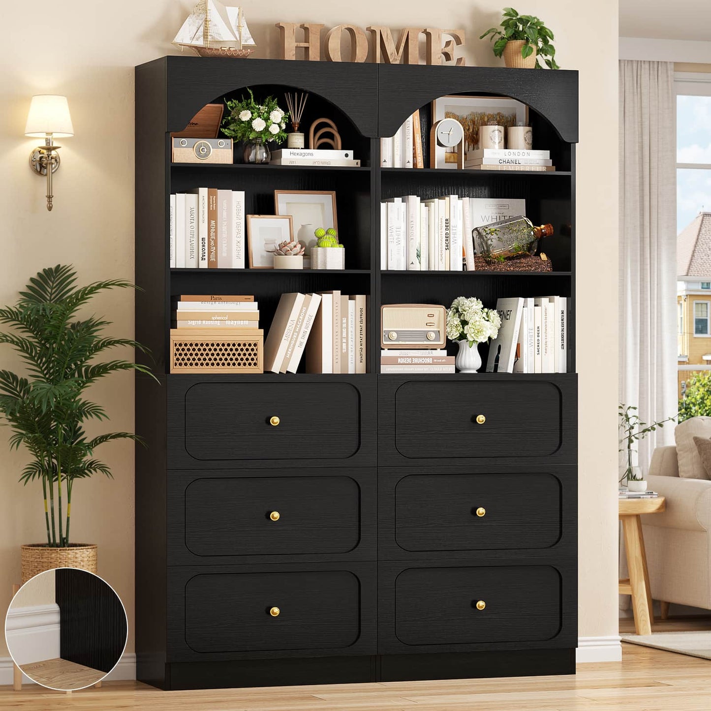 80" Arched Wooden Bookcase Set of 2: 6-Tier Open Shelves & 6 Drawers, Storage Organizer Cabinet