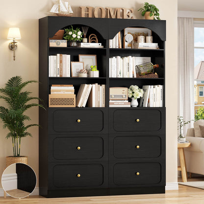 80" Arched Wooden Bookcase Set of 2: 6-Tier Open Shelves & 6 Drawers, Storage Organizer Cabinet