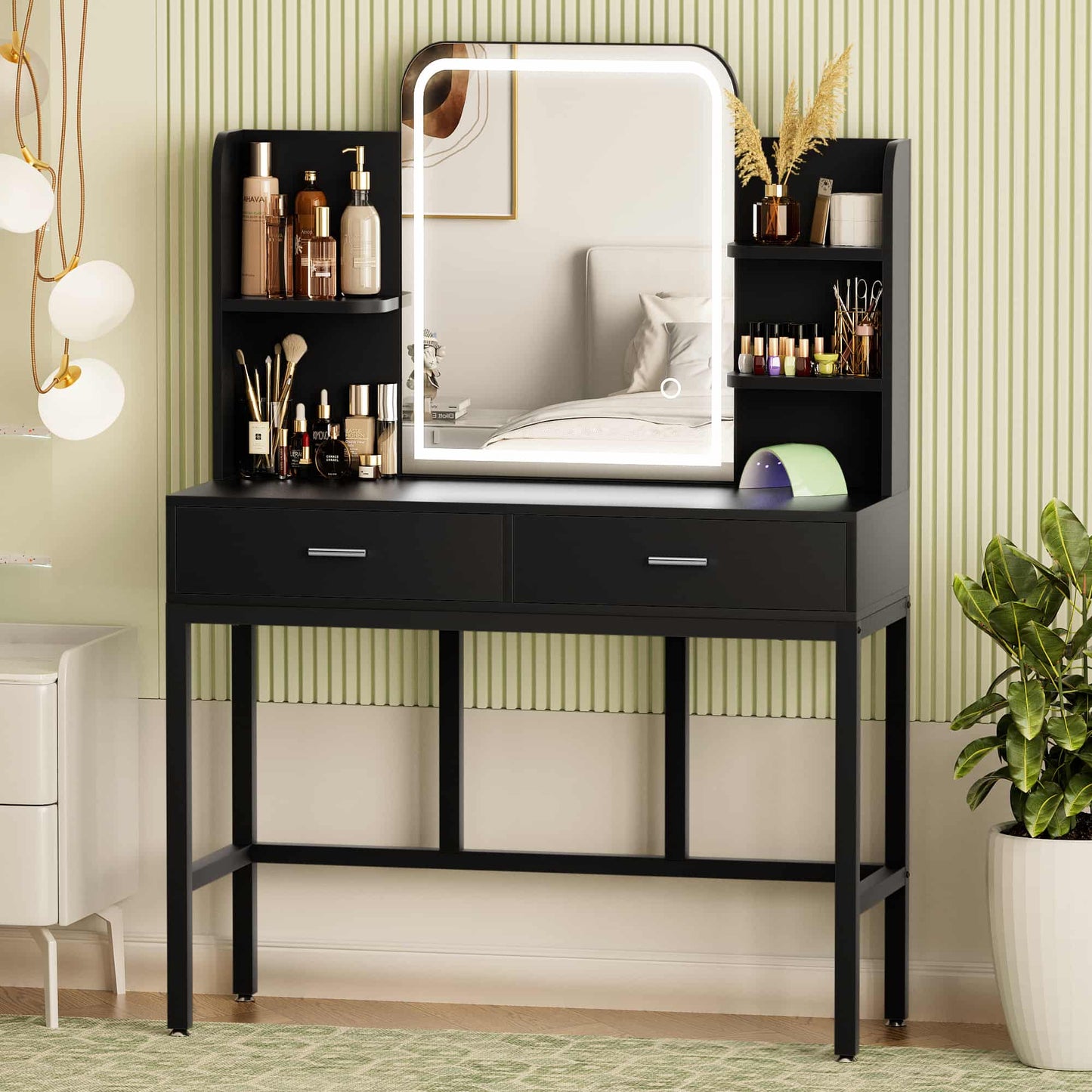 Vanity Desk with LED Lighted Mirror, Makeup Desk with 5 Storage Shelves & 2 Drawers, Vanity Table, Modern Dressing Table with 3 Color Lighting