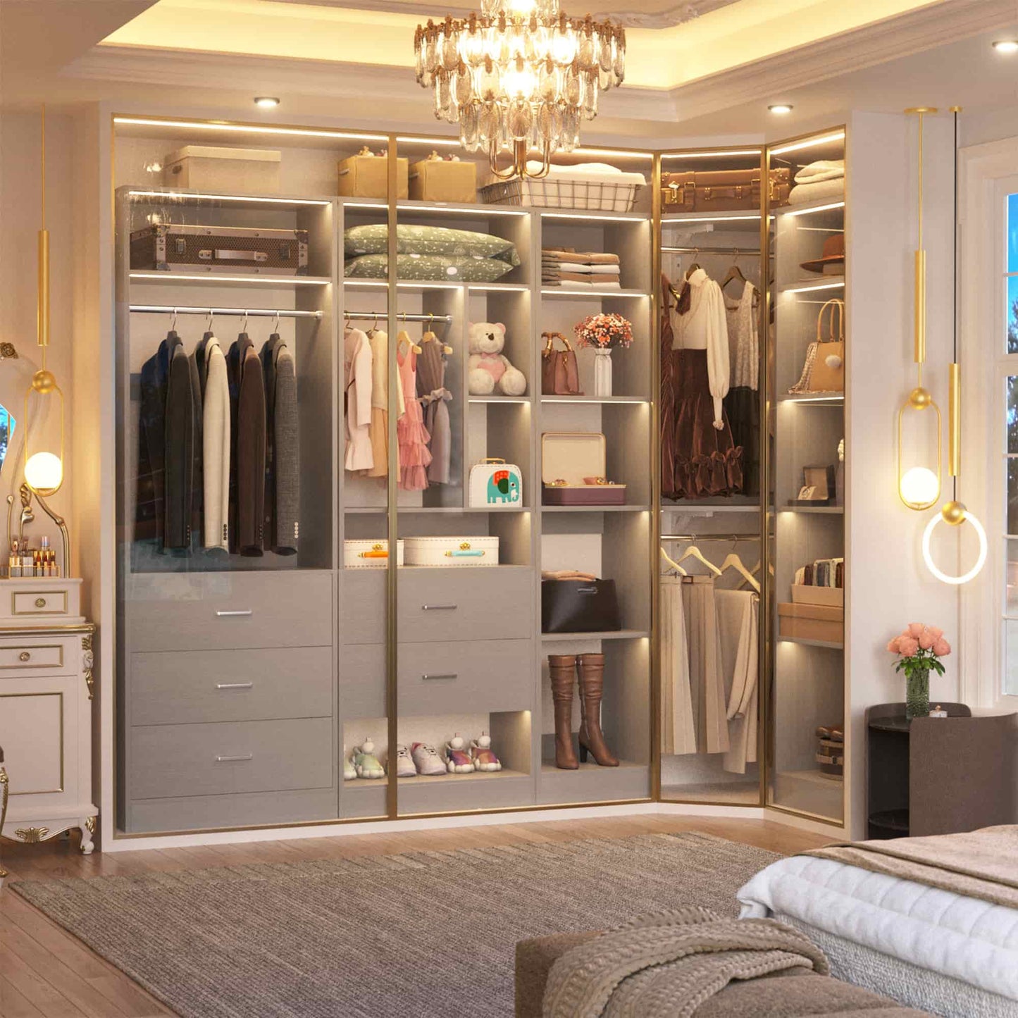 Freestanding Closet System with 3 Sets, 87.2" Closet Organizer System , Reversible L Shaped Walk-in Closets,