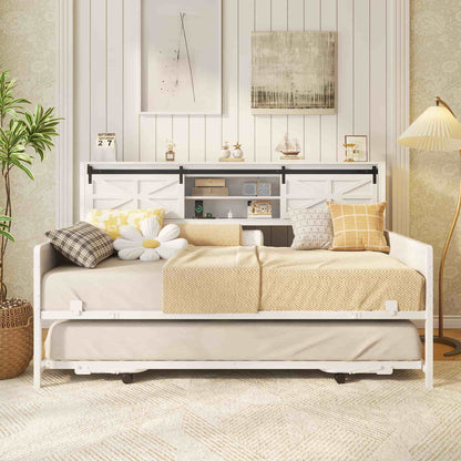 Twin Size Daybed with Trundle, Daybed with Charging Station & Storage Headboard, Heavy Duty Metal Sofa Bed Frame with Pop-up Trundle