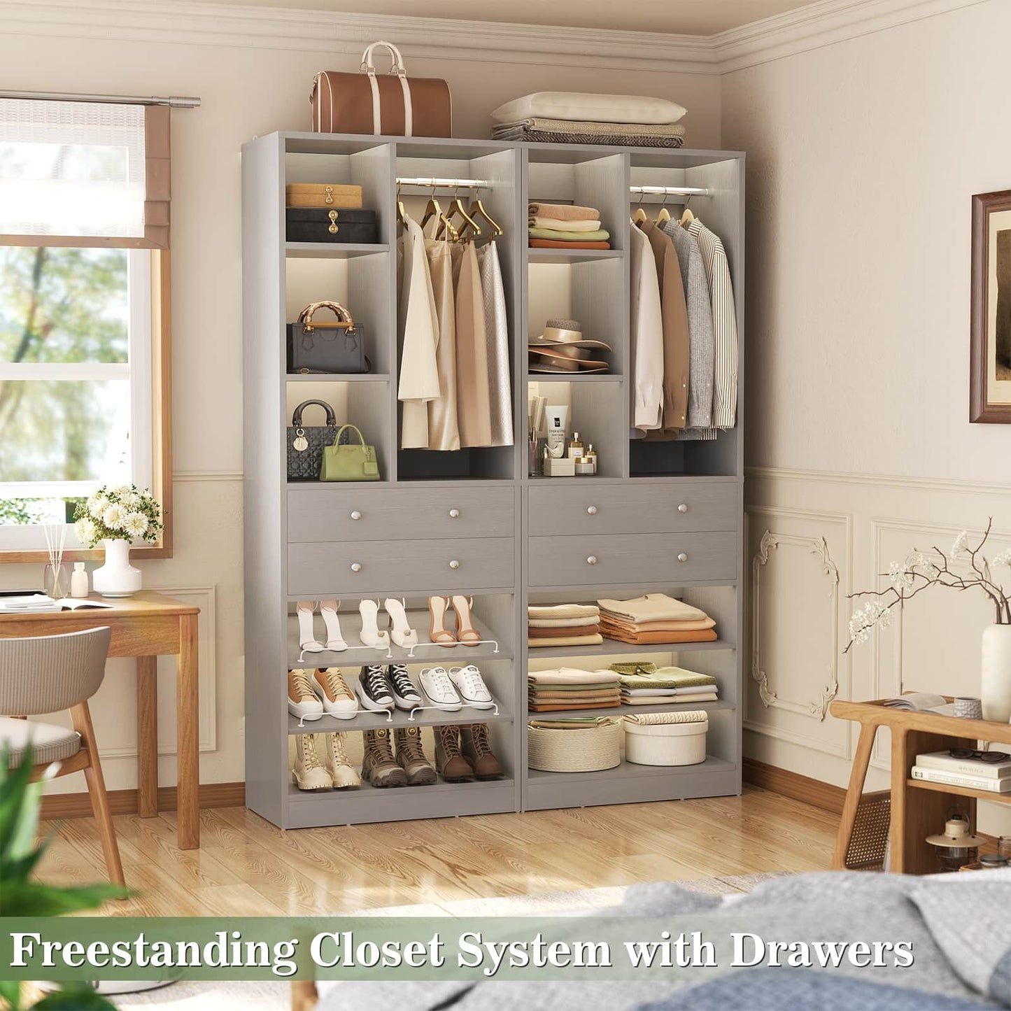4.6ft Free Standing Closet Organizer with Drawers & Shelves, Heavy Duty 1200lb Capacity Wardrobe System