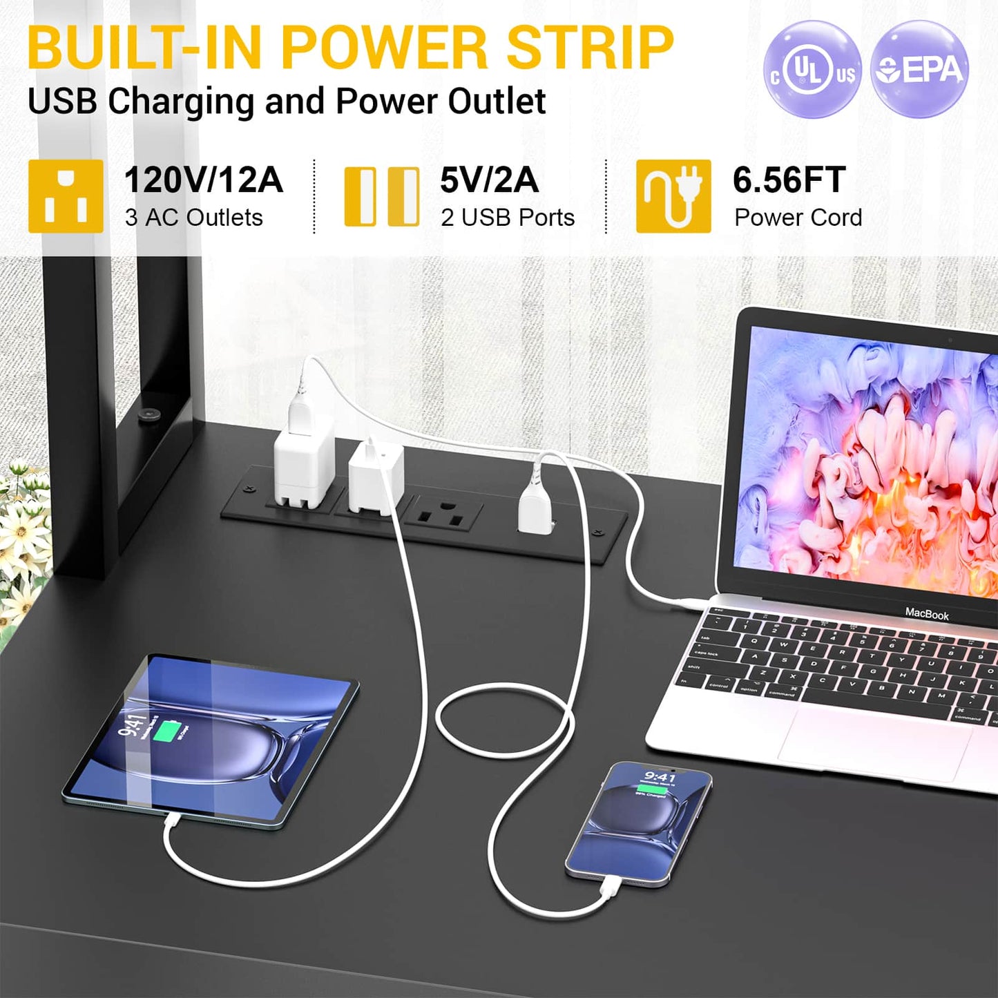 L Shaped Desk with Power Outlet and LED lights